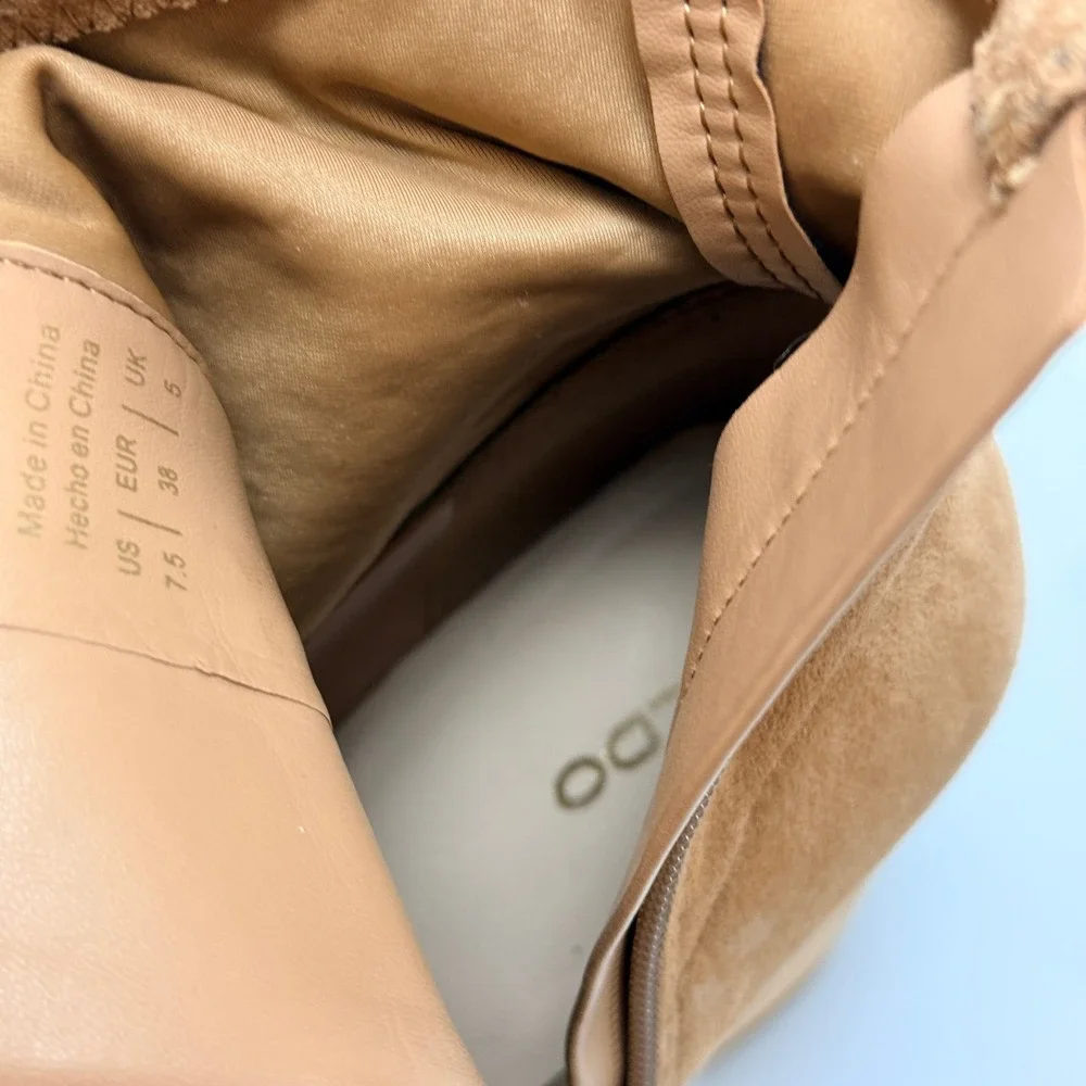Aldo Suede Ankle Boots Women 7.5 Tan Block Heel Side Zip Neutral Minimalist Chic